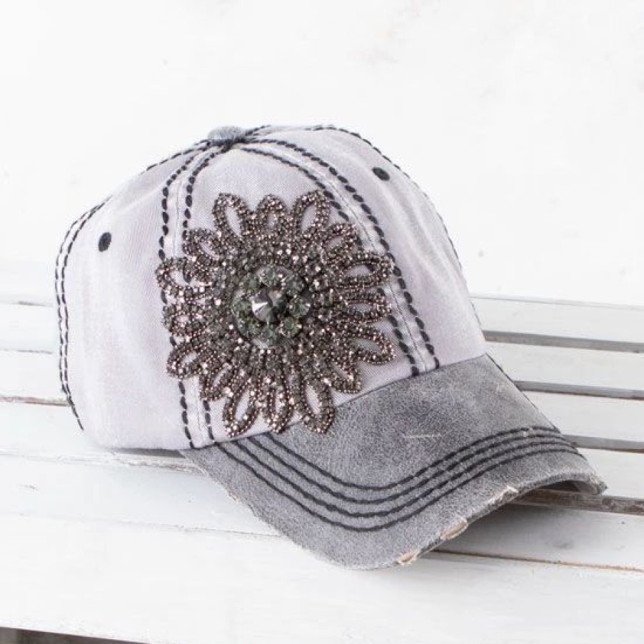 Hats * | Olive And Pique Olive & Pique Two Tone Bling Flower Cap