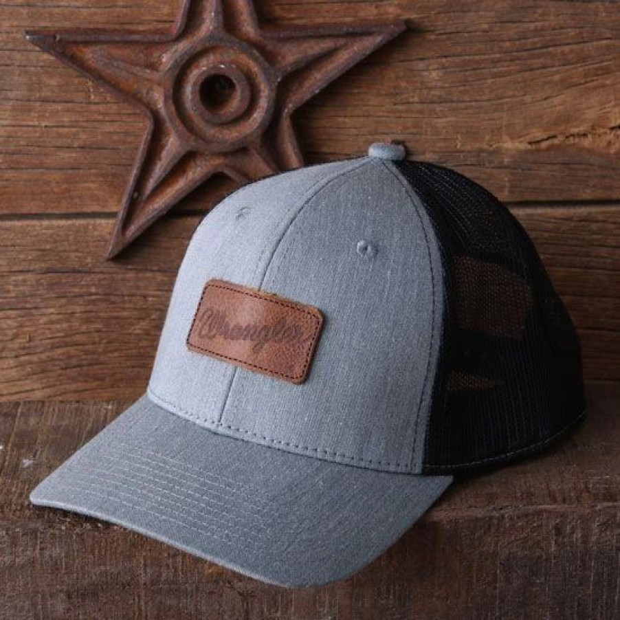 Hats * | Wrangler Leather Patch Grey And Black Ball Cap