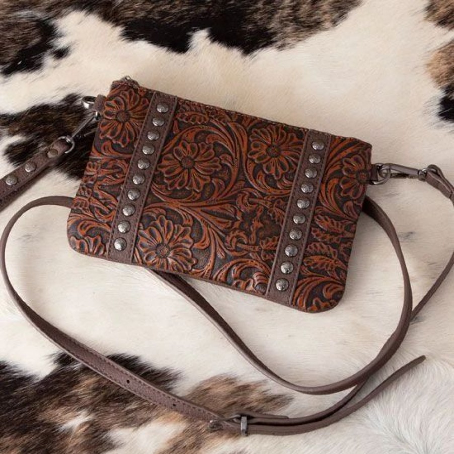 Handbags * | Trinity Ranch Coffee Floral Tooled Clutch