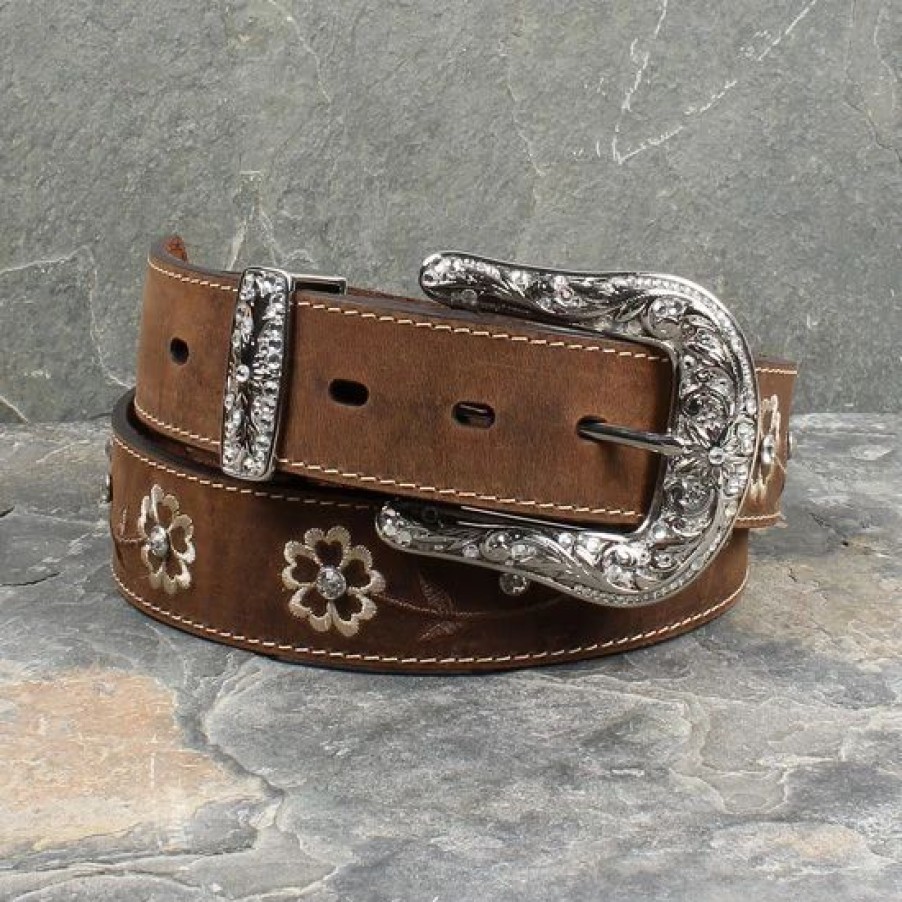 Belts * | Ariat Brown Floral Crystal Concho Belt