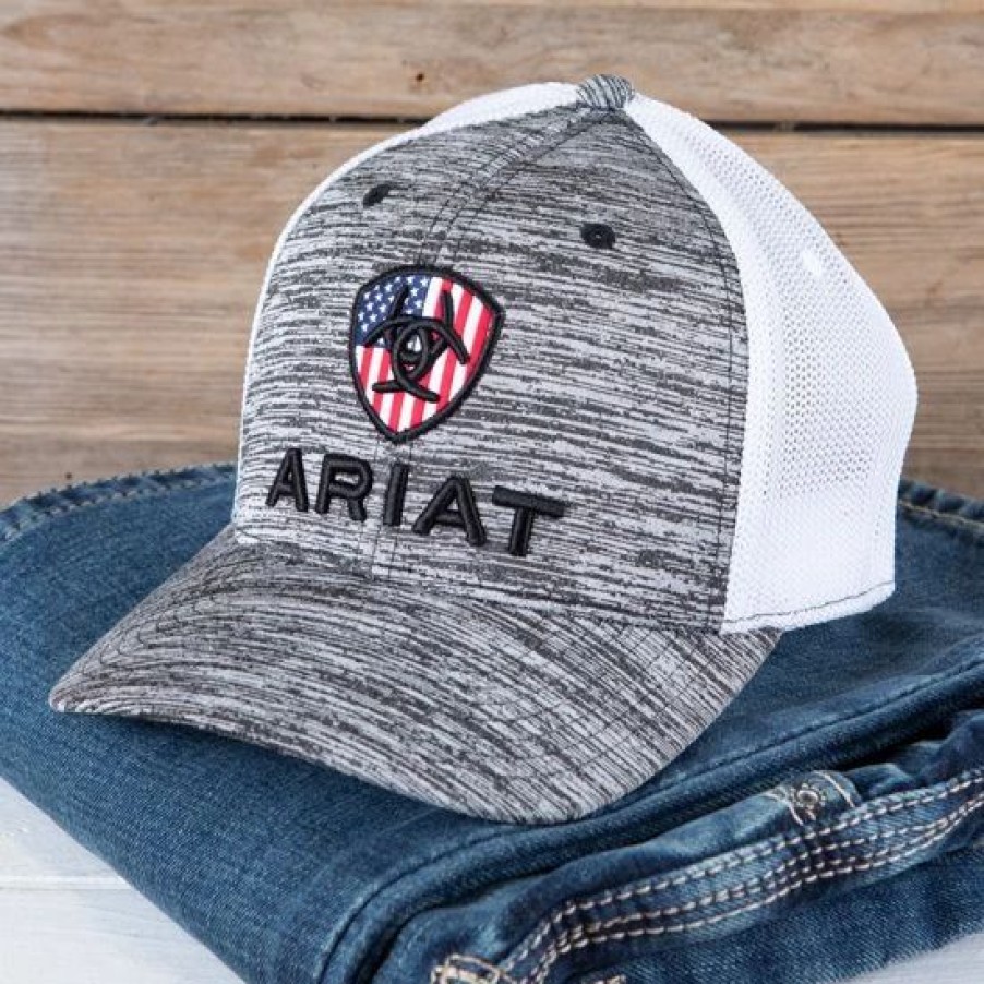 Hats * | Ariat Grey Americana Shield Snap Back Cap