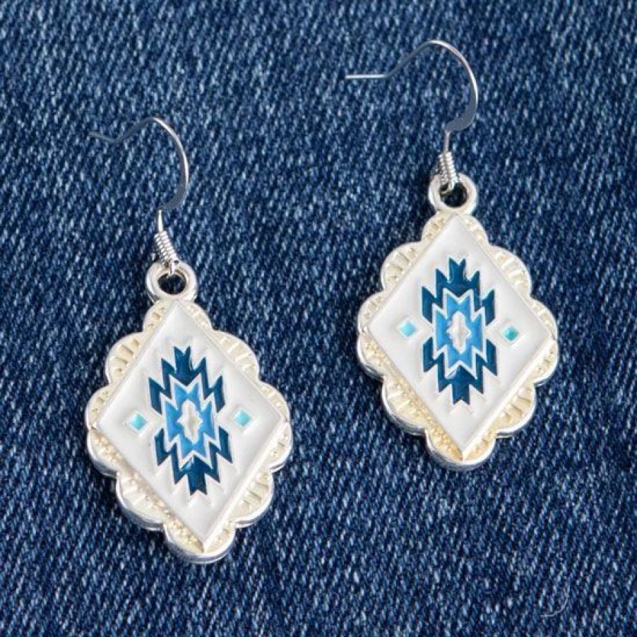 Jewelry * | Cowboy Collectibles Beige And Blue Aztec Diamond Earrings