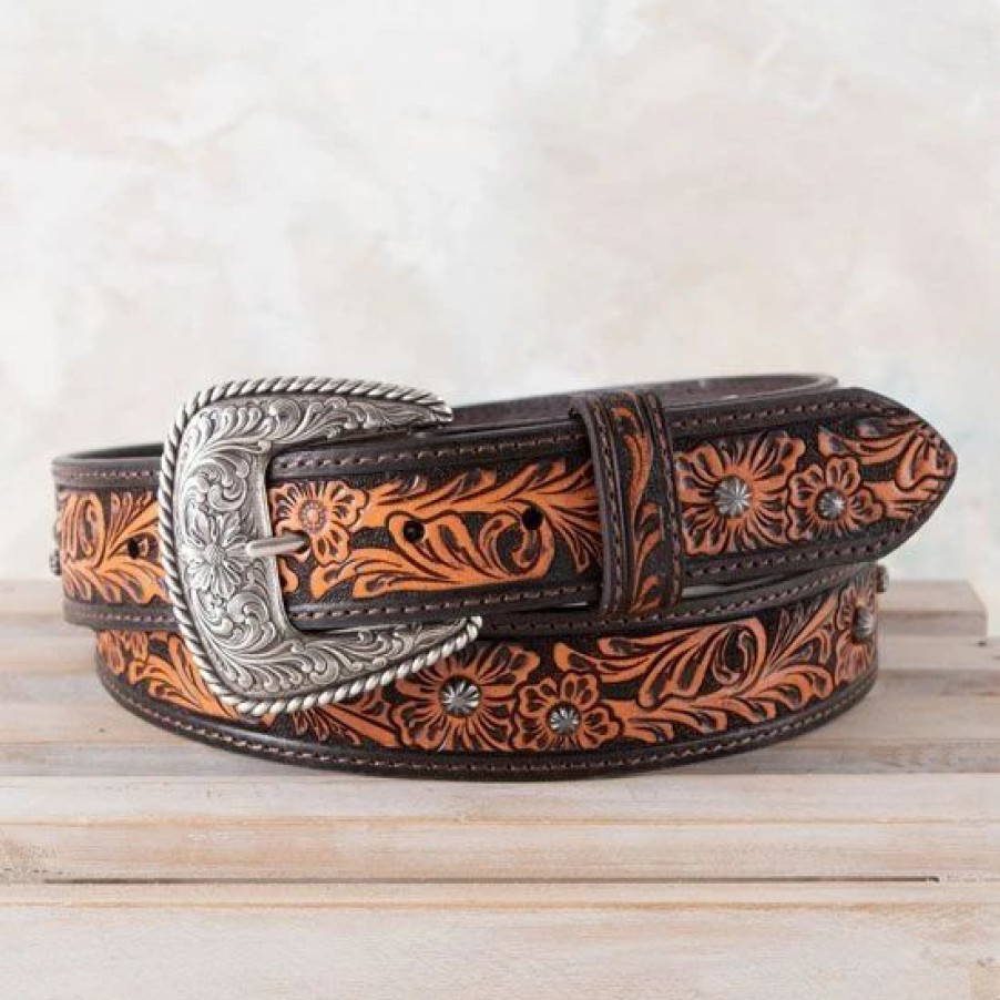 Belts * | Roper Brown Tooled Flower Belt