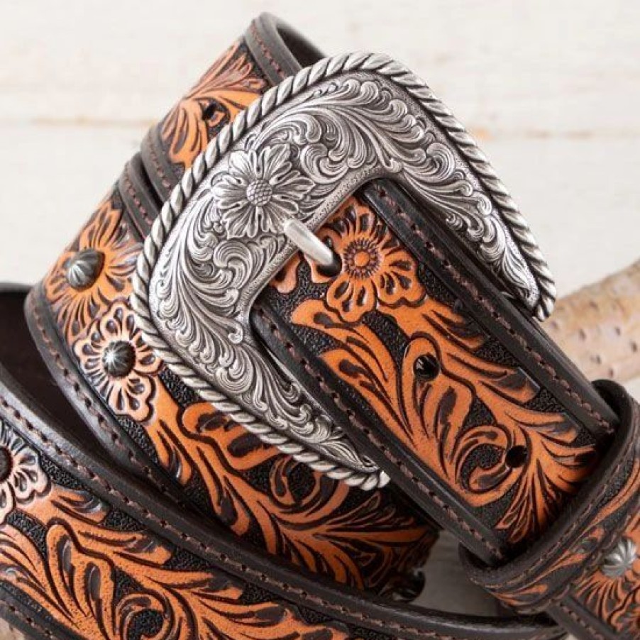 Belts * | Roper Brown Tooled Flower Belt