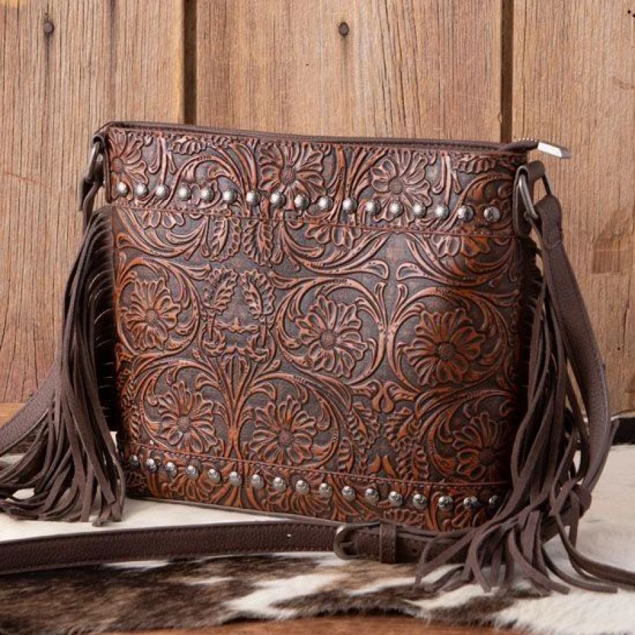 Handbags * | Trinity Ranch Coffee Floral Tooled Crossbody