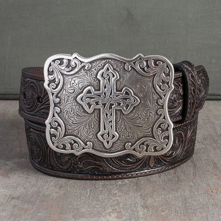 Belts * | Nocona Brown Tooled Cross Belt