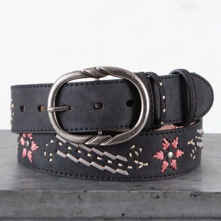 Belts * | Cowgirls Rock Black Distressed Embroidered Flower Belt