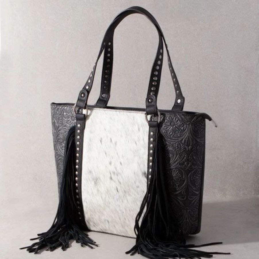 Handbags * | Trinity Ranch Black Floral Tooled Cowhide Tote