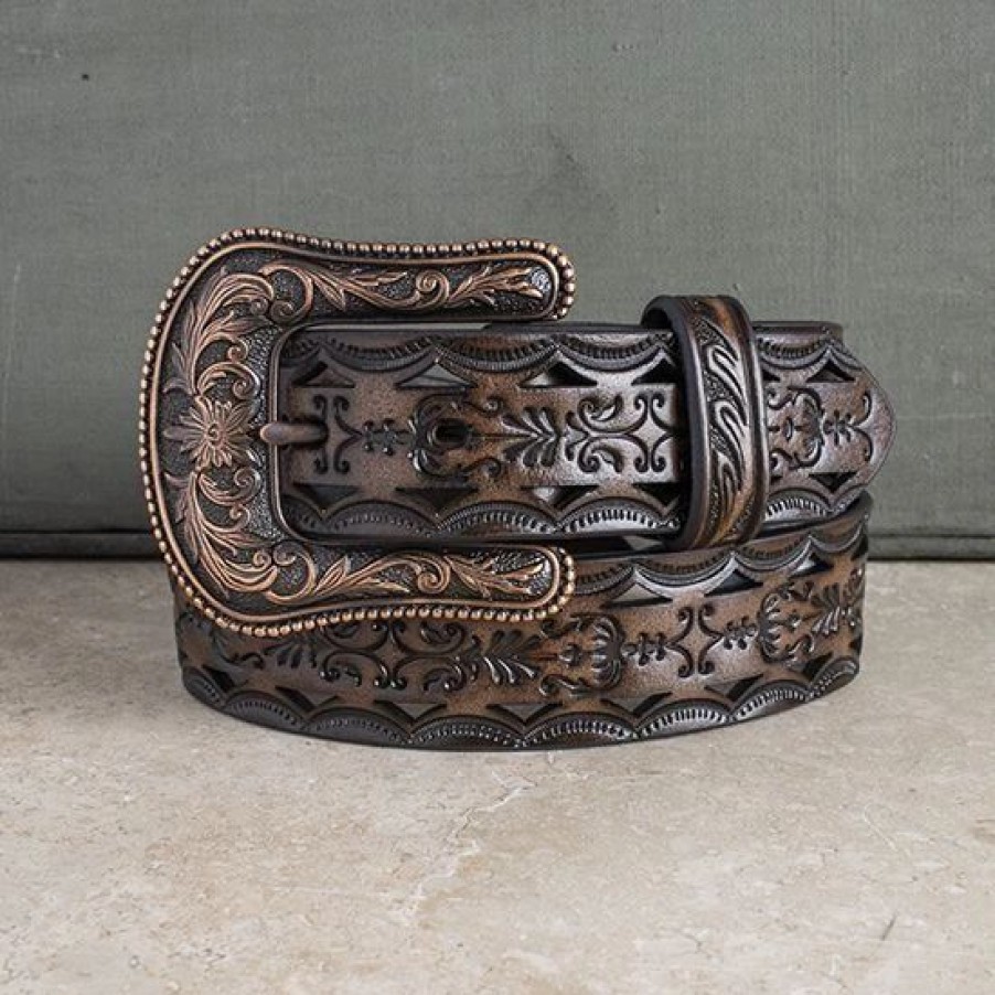 Belts * | Ariat Brown Leather Tooled Belt