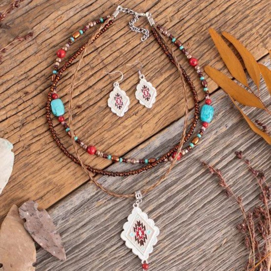 Jewelry * | Cowboy Collectibles Beaded Aztec Layered Necklace