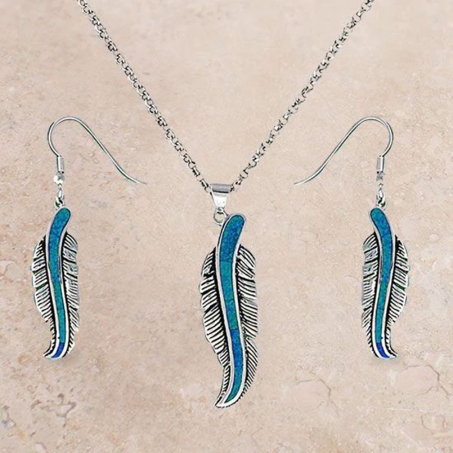 Jewelry * | Opal Feather Necklace Set By Montana Silversmiths