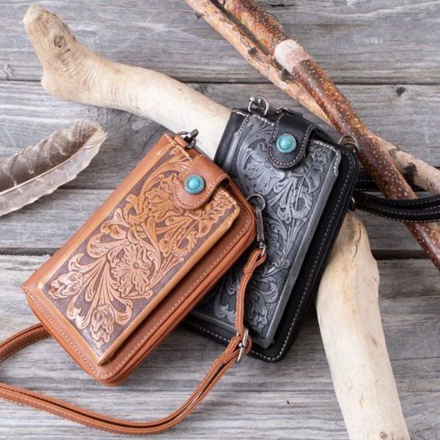 Handbags * | Montana West Amarillo Tan Tooled Phone Case Crossbody