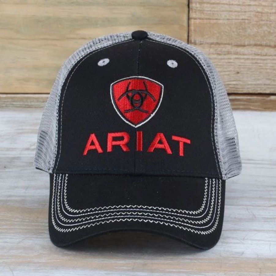 Hats * | Ariat Black And Red Logo Cap