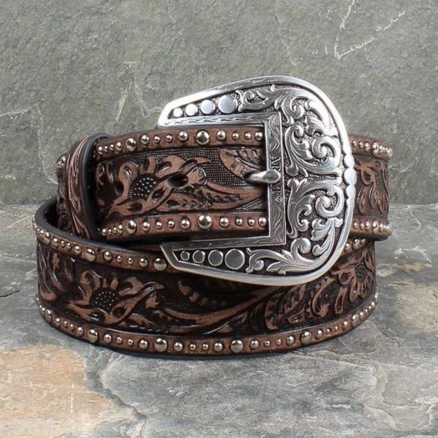 Belts * | Ariat Brown Floral Studded Belt