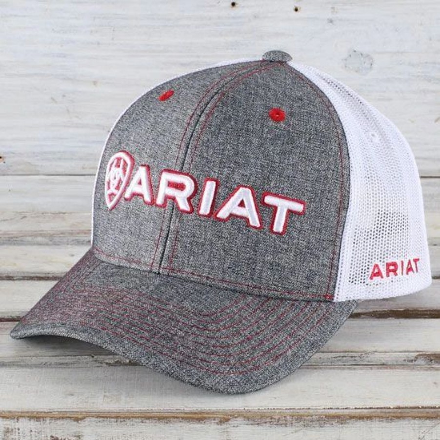 Hats * | Ariat Grey And Red Mesh Logo Cap