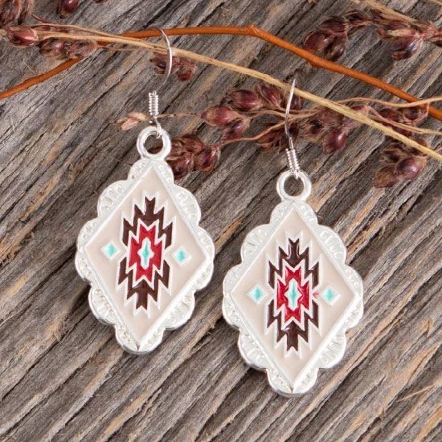 Jewelry * | Cowboy Collectibles Beige And Red Aztec Earring