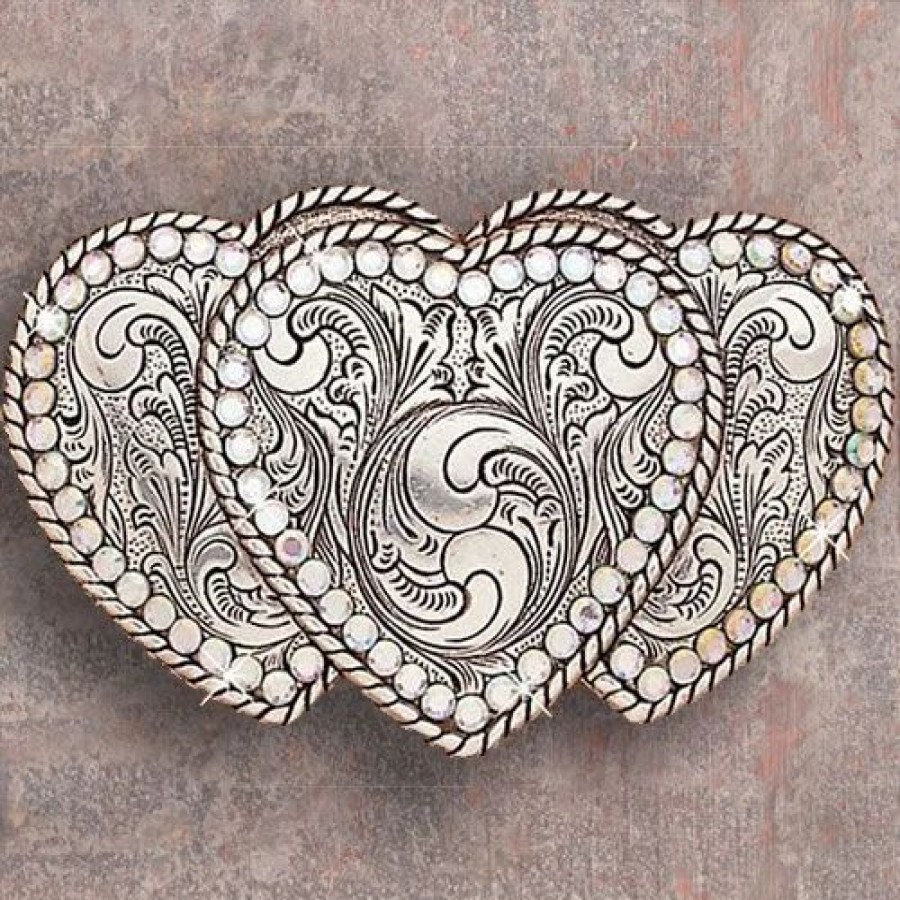 Buckles * | Blazin' Roxx Triple Heart Buckle With Ab Crystals