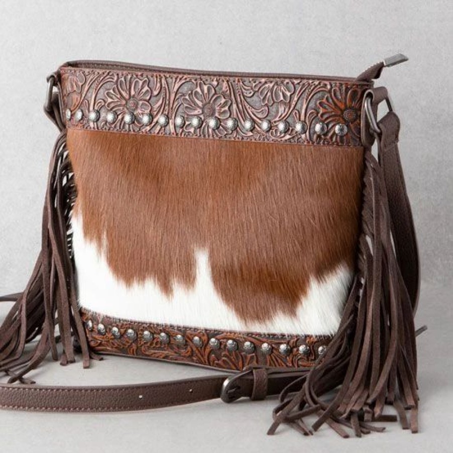 Handbags * | Trinity Ranch Brown Floral Tooled Cowhide Crossbody