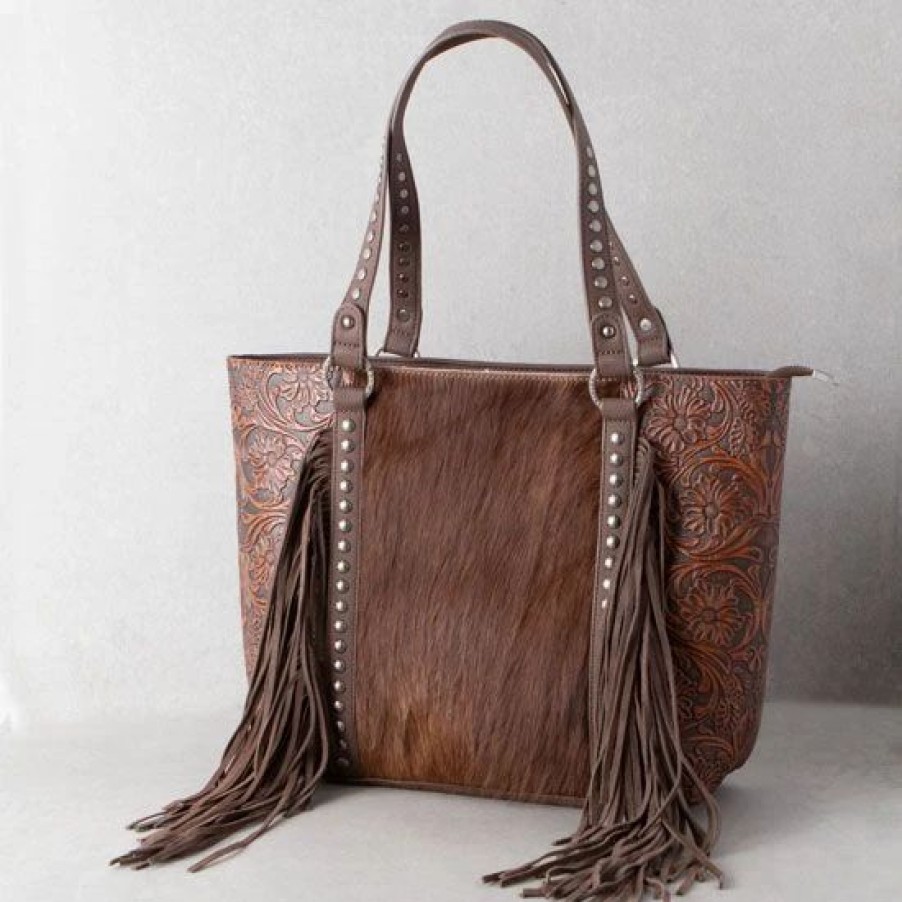 Handbags * | Trinity Ranch Brown Floral Tooled Cowhide Tote