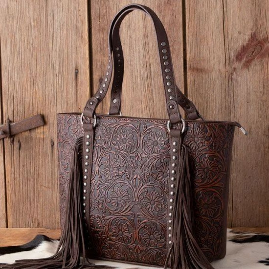 Handbags * | Trinity Ranch Coffee Floral Tooled Tote