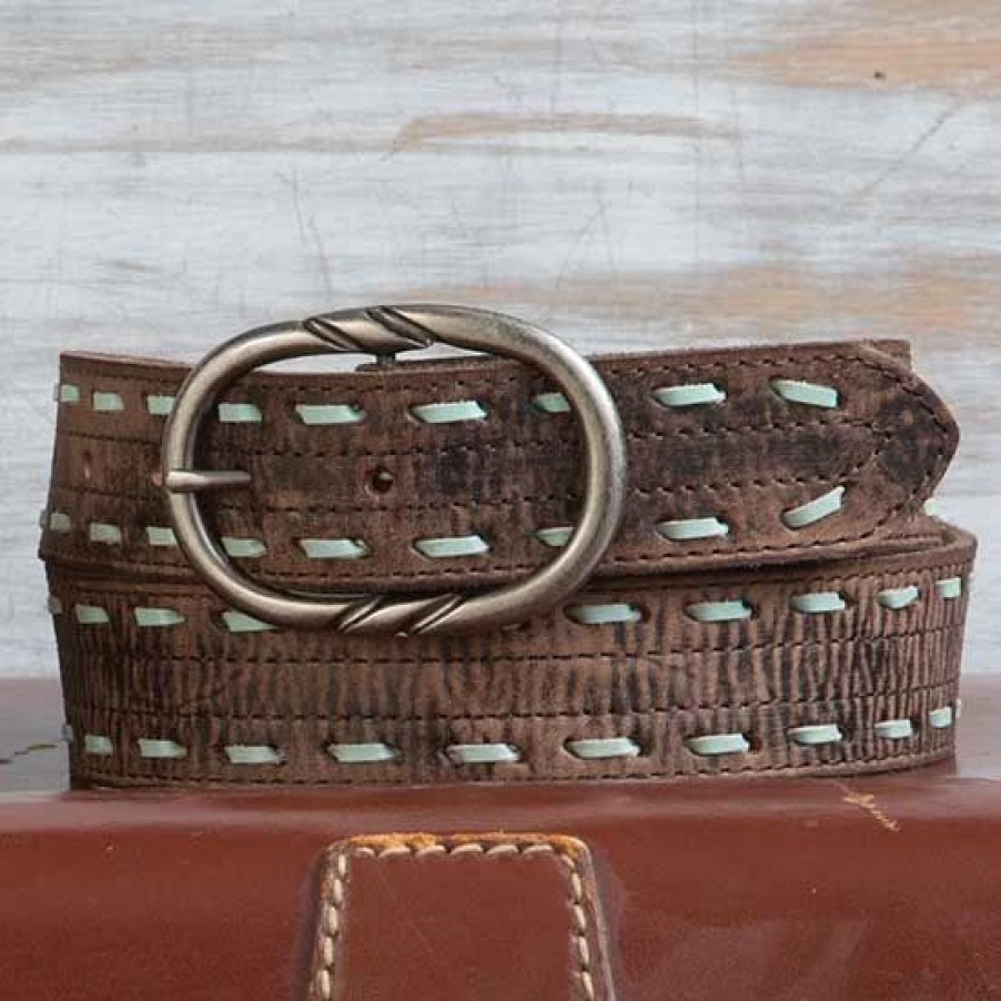 Belts * | Cowgirls Rock Distressed Buffalo Leather Whipstitch Belt